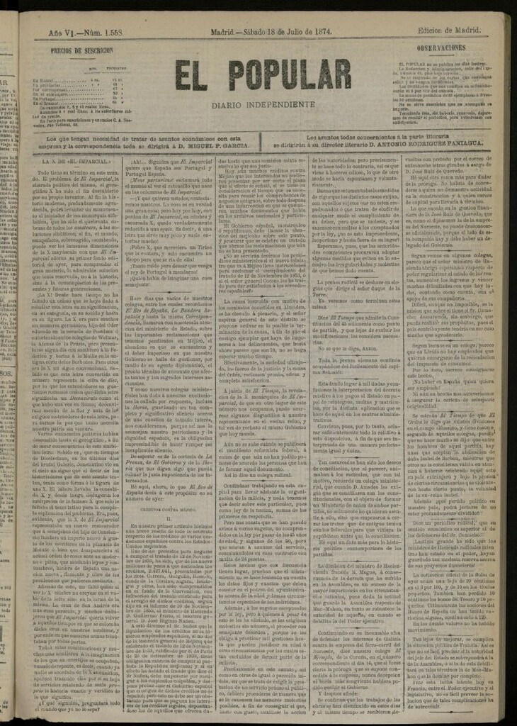 Miniatura de El Popular: diario independiente, político, literario y de noticias de interés general del 18 de julio de 1874, nº 1558