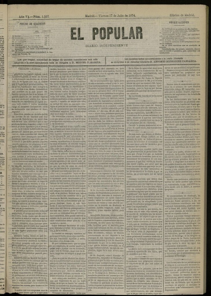 Miniatura de El Popular: diario independiente, político, literario y de noticias de interés general del 17 de julio de 1874, nº 1557