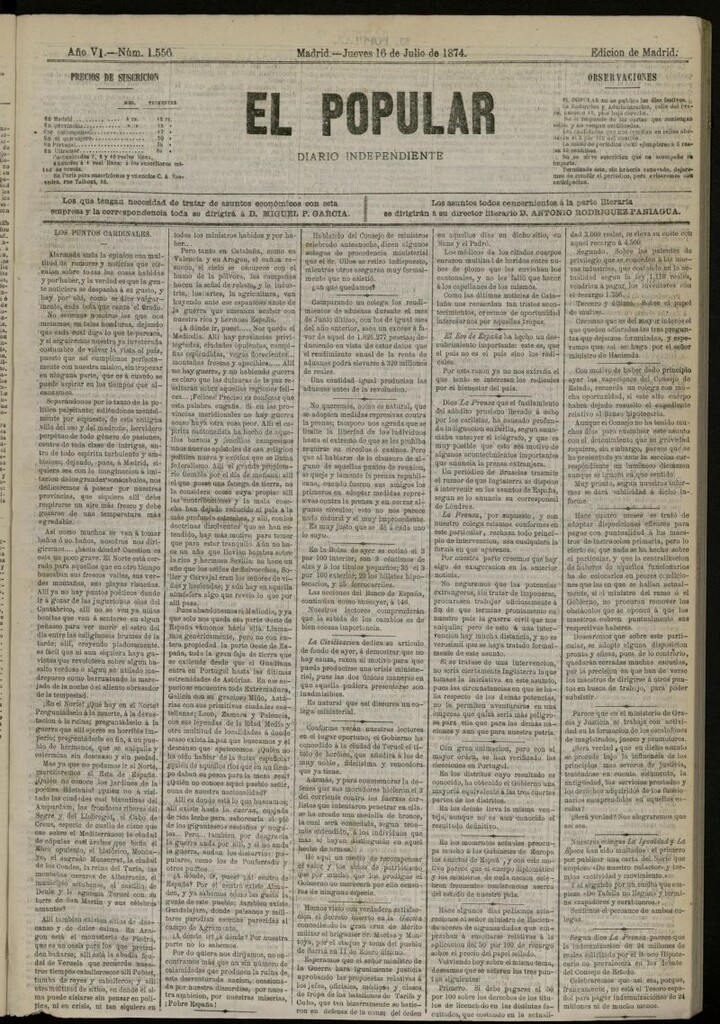 Miniatura de El Popular: diario independiente, político, literario y de noticias de interés general del 16 de julio de 1874, nº 1556