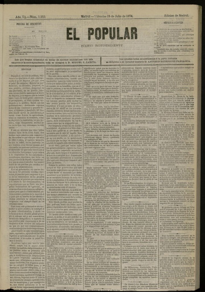 Miniatura de El Popular: diario independiente, político, literario y de noticias de interés general del 15 de julio de 1874, nº 1555