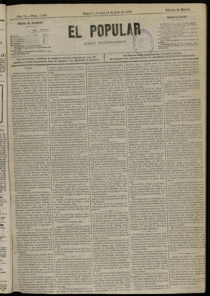 Miniatura de El Popular: diario independiente, político, literario y de noticias de interés general del 14 de julio de 1874, nº 1554