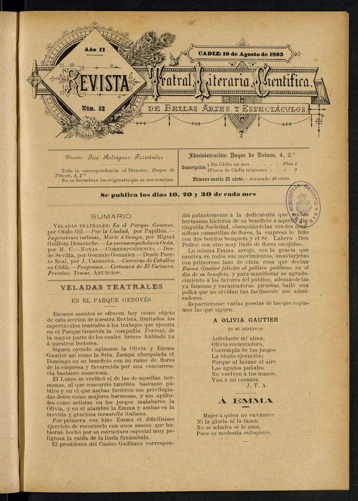 Miniatura de Revista Teatral, Literaria, Científica, de Bellas Artes y Espectáculos. Nº 62