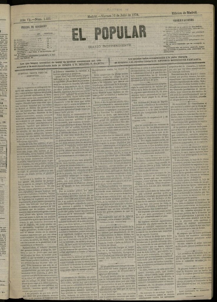 Miniatura de El Popular: diario independiente, político, literario y de noticias de interés general del 10 de julio de 1874, nº 1551