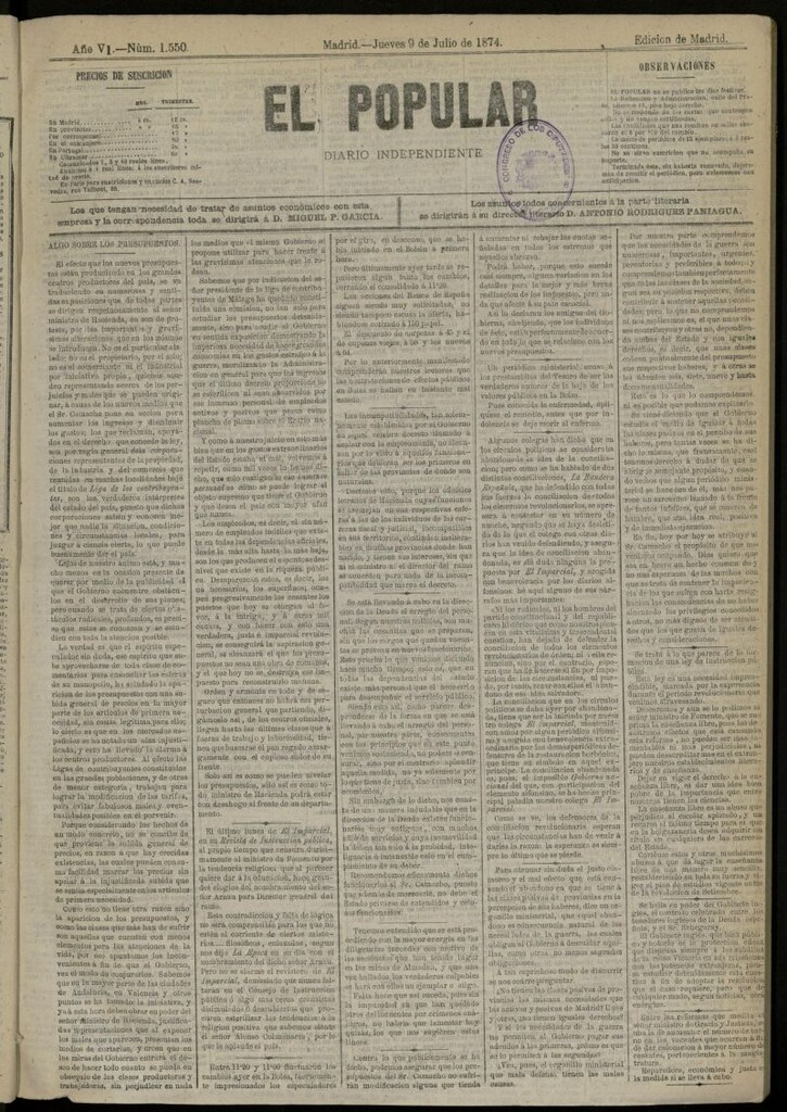 Miniatura de El Popular: diario independiente, político, literario y de noticias de interés general del 9 de julio de 1874, nº 1550