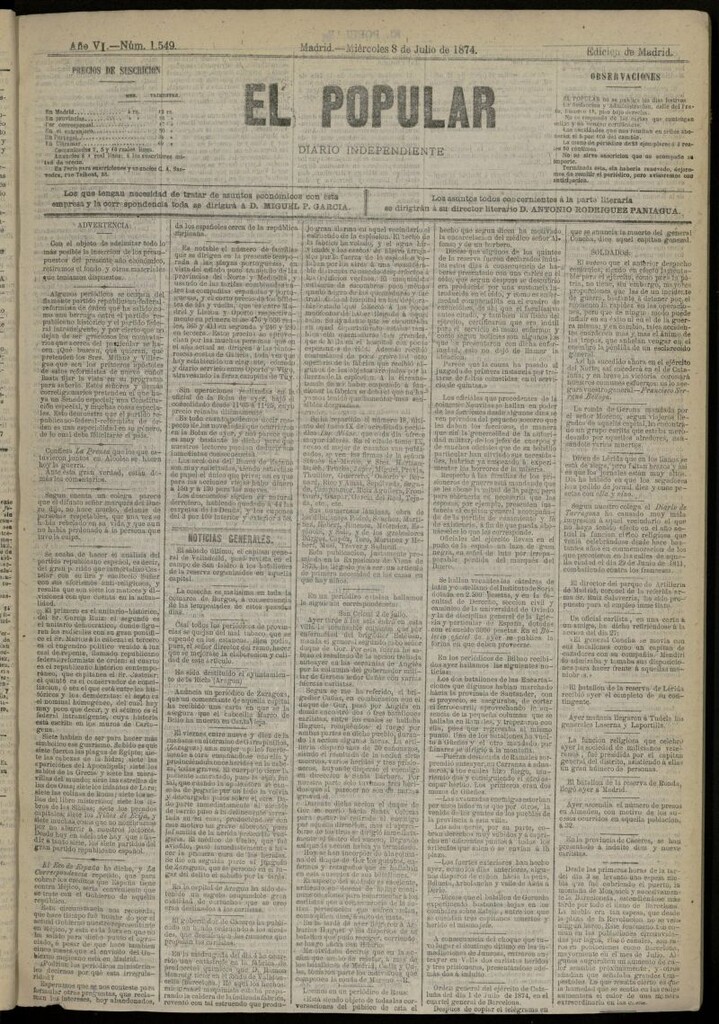 Miniatura de El Popular: diario independiente, político, literario y de noticias de interés general del 8 de julio de 1874, nº 1549