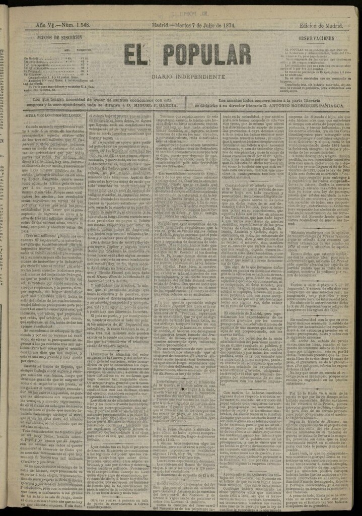 Miniatura de El Popular: diario independiente, político, literario y de noticias de interés general del 7 de julio de 1874, nº 1548