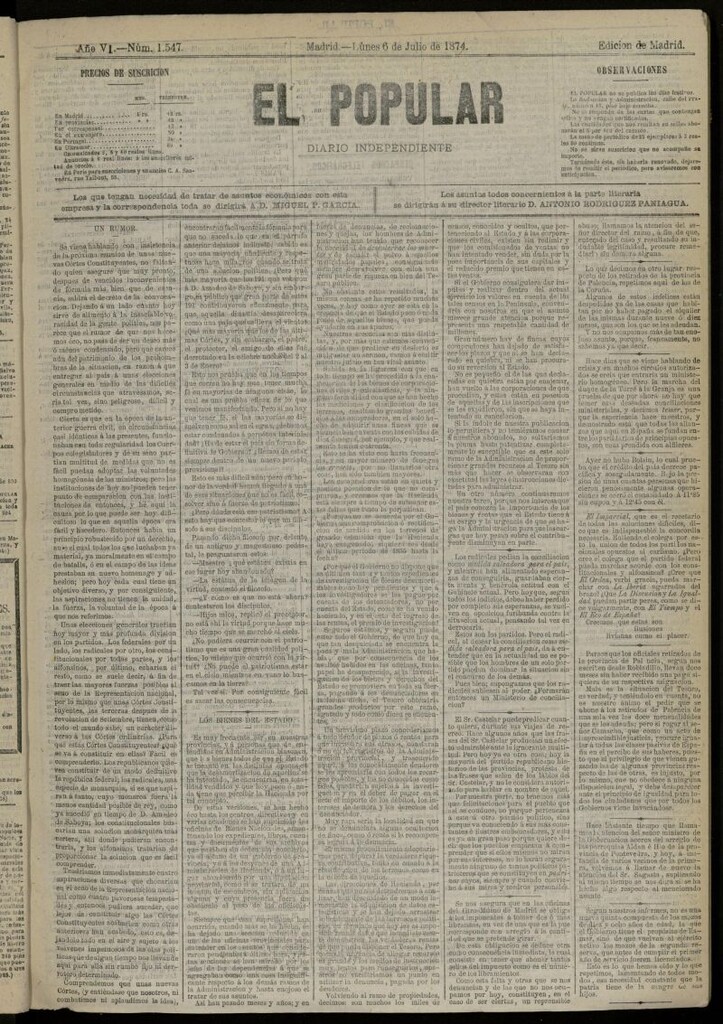 Miniatura de El Popular: diario independiente, político, literario y de noticias de interés general del 6 de julio de 1874, nº 1547