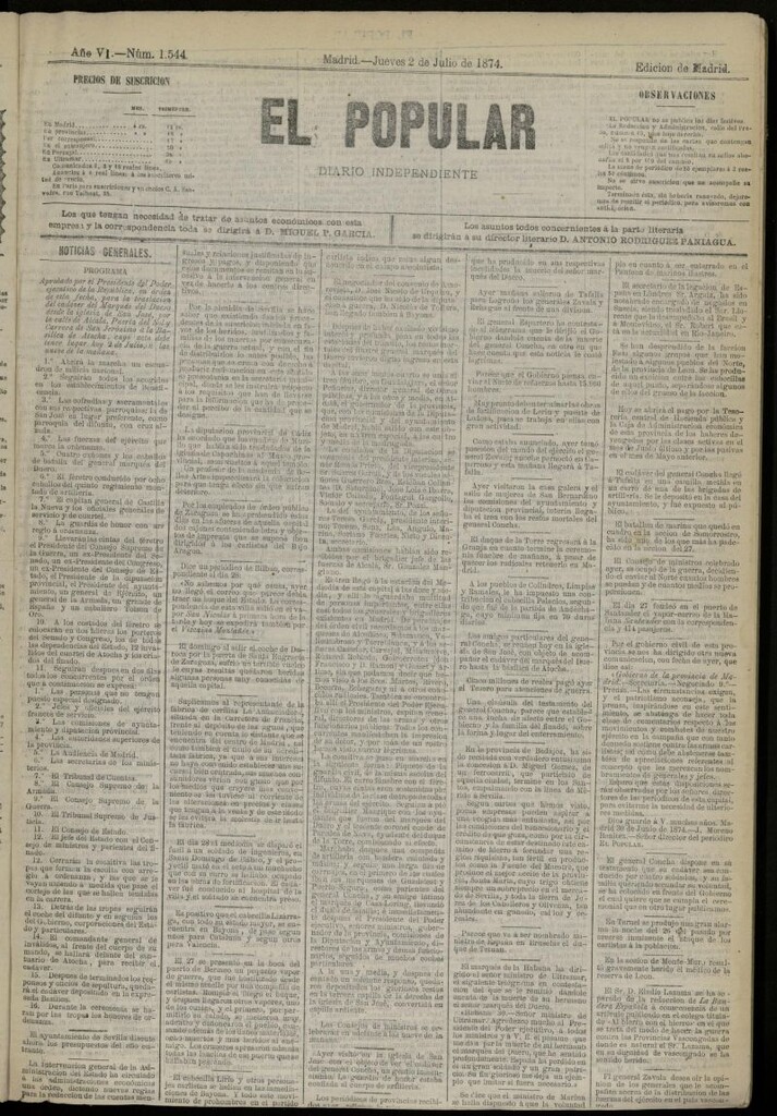 Miniatura de El Popular: diario independiente, político, literario y de noticias de interés general del 2 de julio de 1874, nº 1544