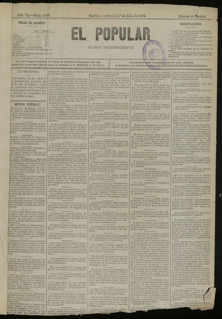 Miniatura de El Popular: diario independiente, político, literario y de noticias de interés general del 1 de julio de 1874, nº 1543
