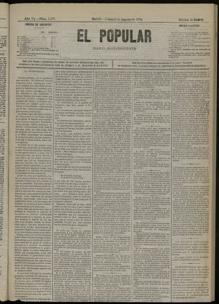 Miniatura de El Popular: diario independiente, político, literario y de noticias de interés general del 3 de agosto de 1874, nº 1571