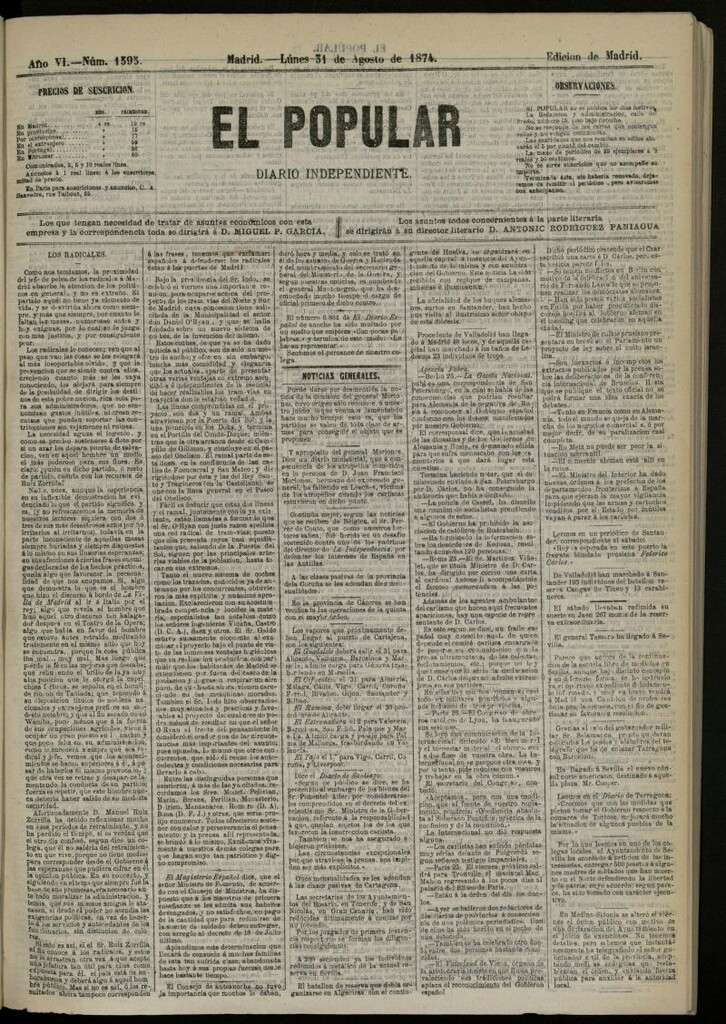 Miniatura de El Popular: diario independiente, político, literario y de noticias de interés general del 31 de agosto de 1874, nº 1595