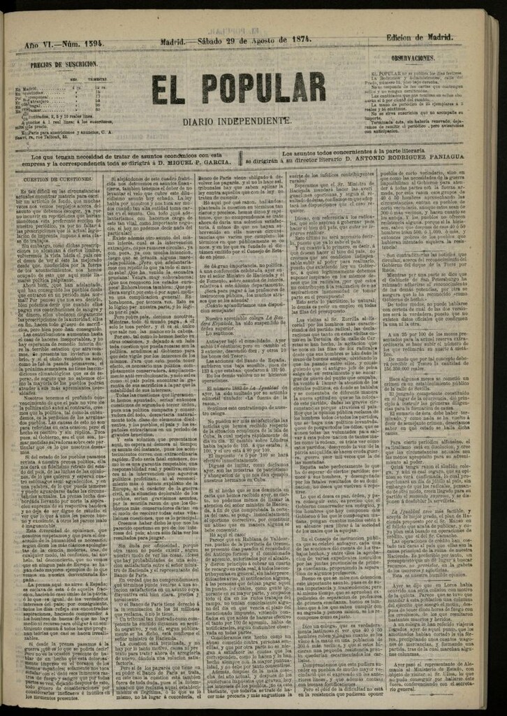 Miniatura de El Popular: diario independiente, político, literario y de noticias de interés general del 29 de agosto de 1874, nº 1594