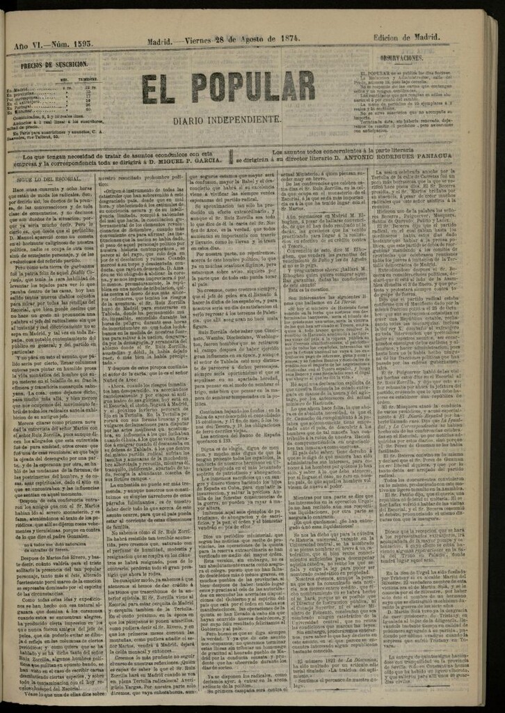 Miniatura de El Popular: diario independiente, político, literario y de noticias de interés general del 28 de agosto de 1874, nº 1593