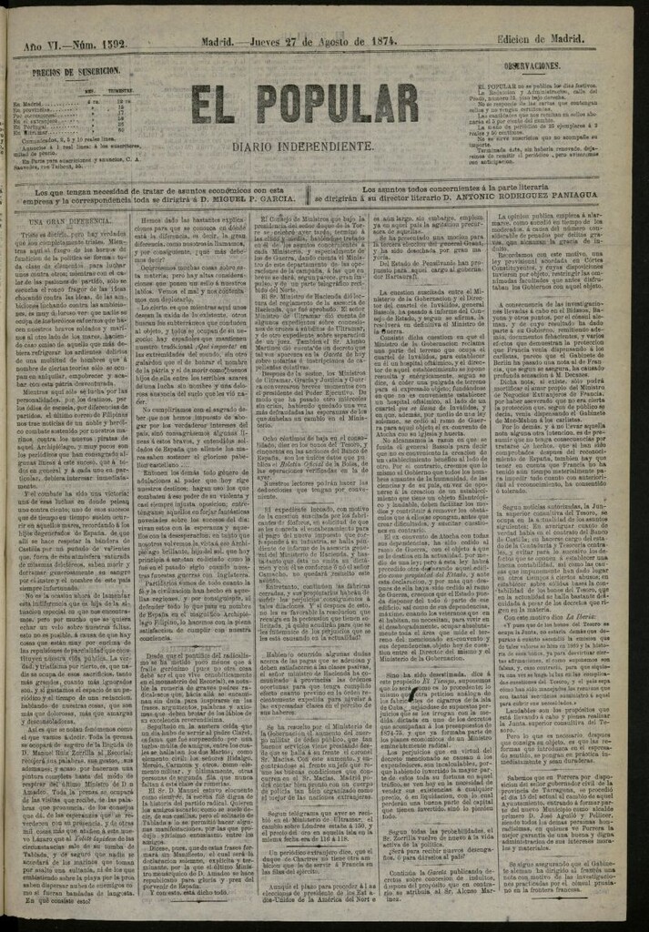 Miniatura de El Popular: diario independiente, político, literario y de noticias de interés general del 27 de agosto de 1874, nº 1592