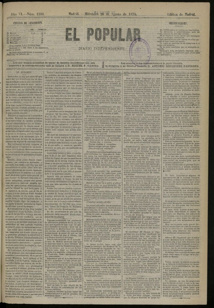 Miniatura de El Popular: diario independiente, político, literario y de noticias de interés general del 26 de agosto de 1874, nº 1591