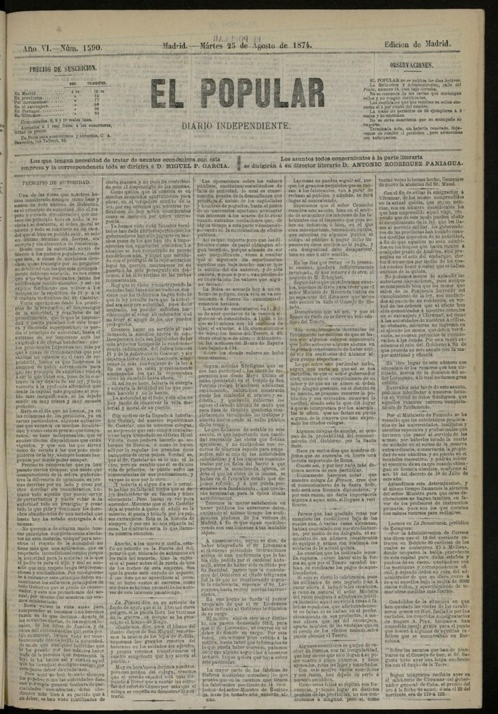 Miniatura de El Popular: diario independiente, político, literario y de noticias de interés general del 25 de agosto de 1874, nº 1590