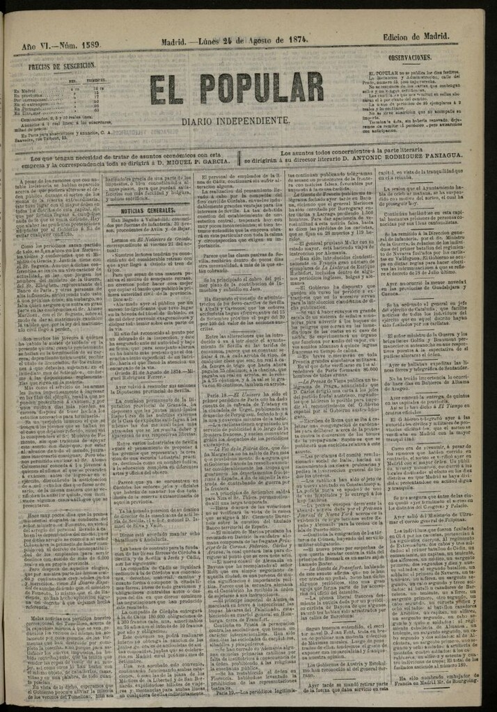 Miniatura de El Popular: diario independiente, político, literario y de noticias de interés general del 24 de agosto de 1874, nº 1589