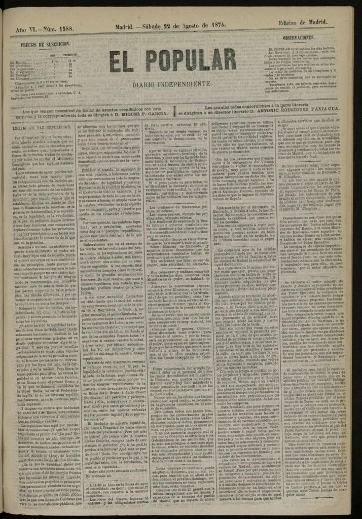 Miniatura de El Popular: diario independiente, político, literario y de noticias de interés general del 22 de agosto de 1874, nº 1588