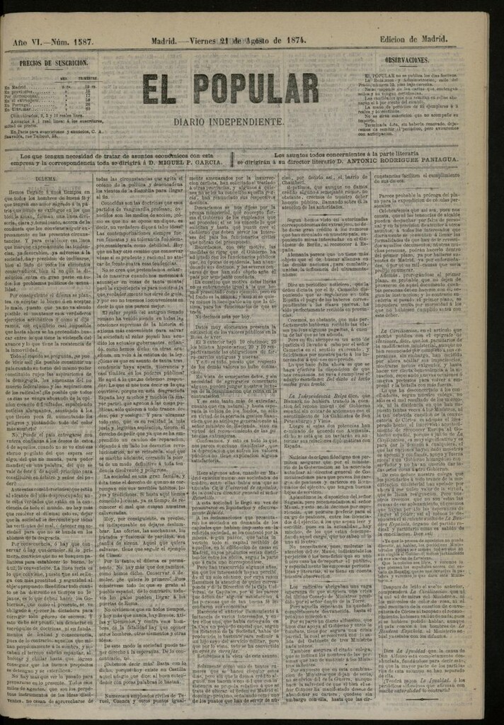 Miniatura de El Popular: diario independiente, político, literario y de noticias de interés general del 21 de agosto de 1874, nº 1587