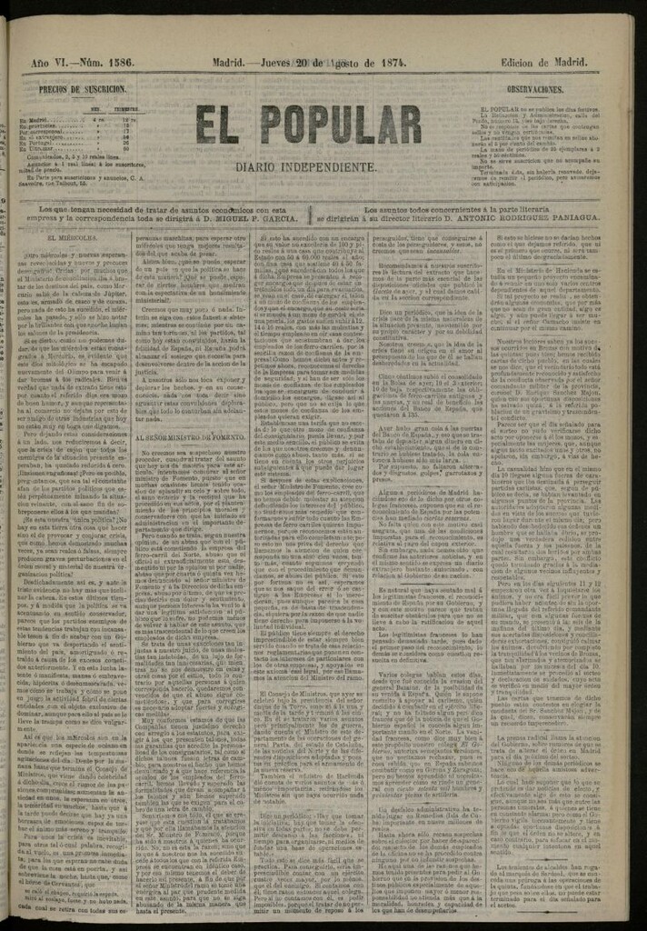 Miniatura de El Popular: diario independiente, político, literario y de noticias de interés general del 20 de agosto de 1874, nº 1586