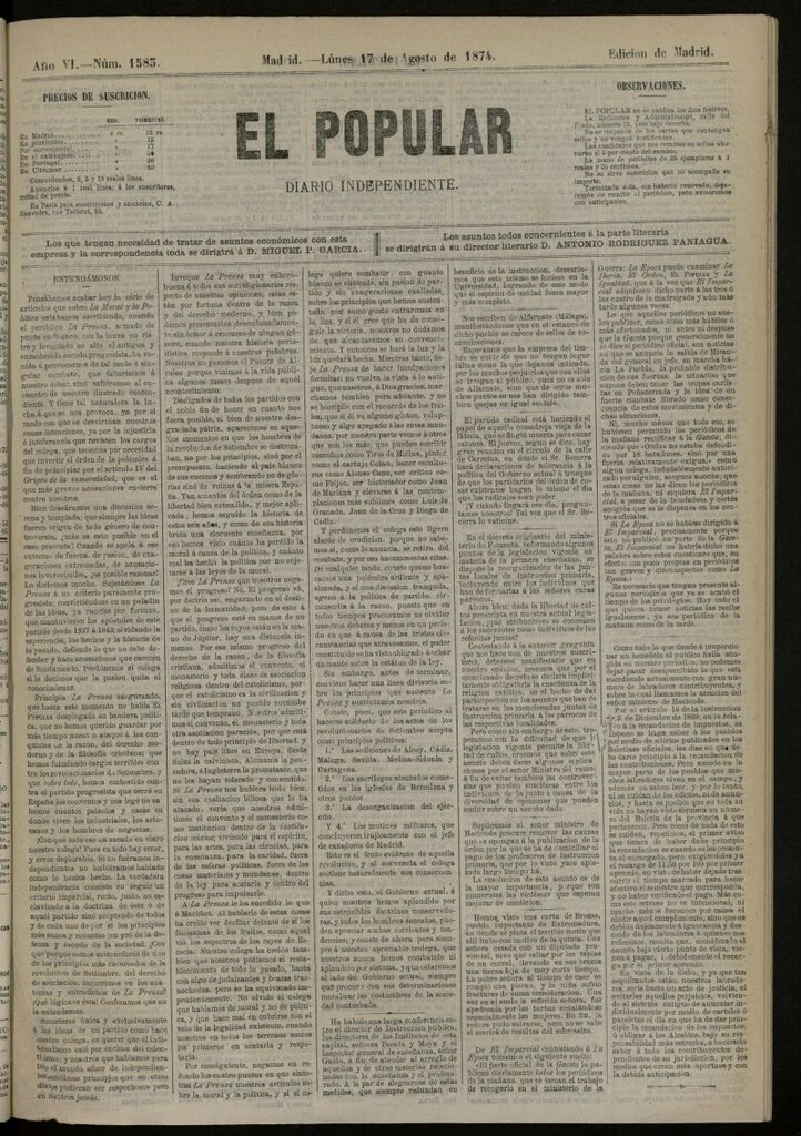 Miniatura de El Popular: diario independiente, político, literario y de noticias de interés general del 17 de agosto de 1874, nº 1583