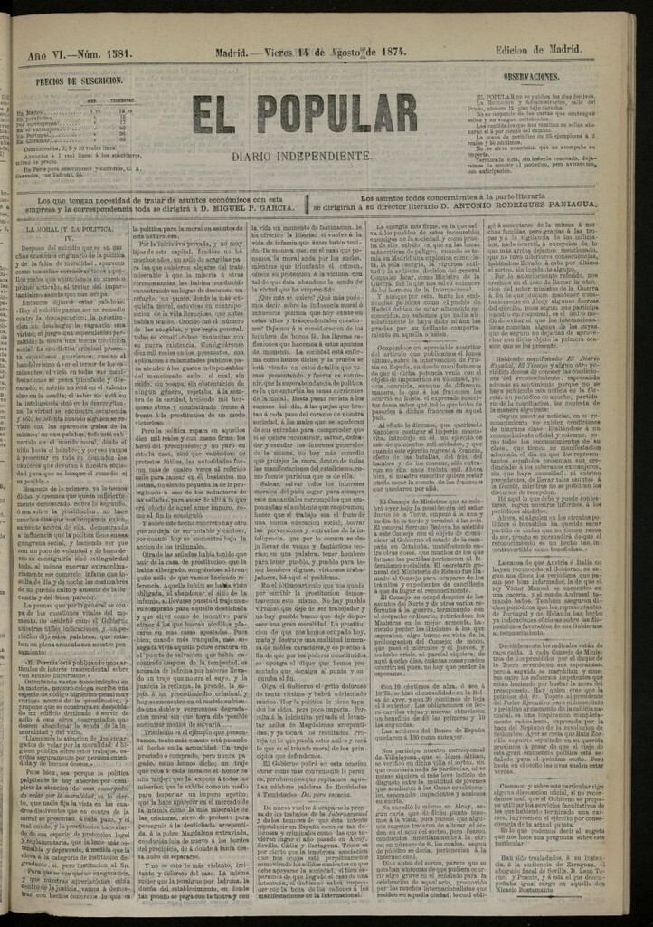 Miniatura de El Popular: diario independiente, político, literario y de noticias de interés general del 14 de agosto de 1874, nº 1581