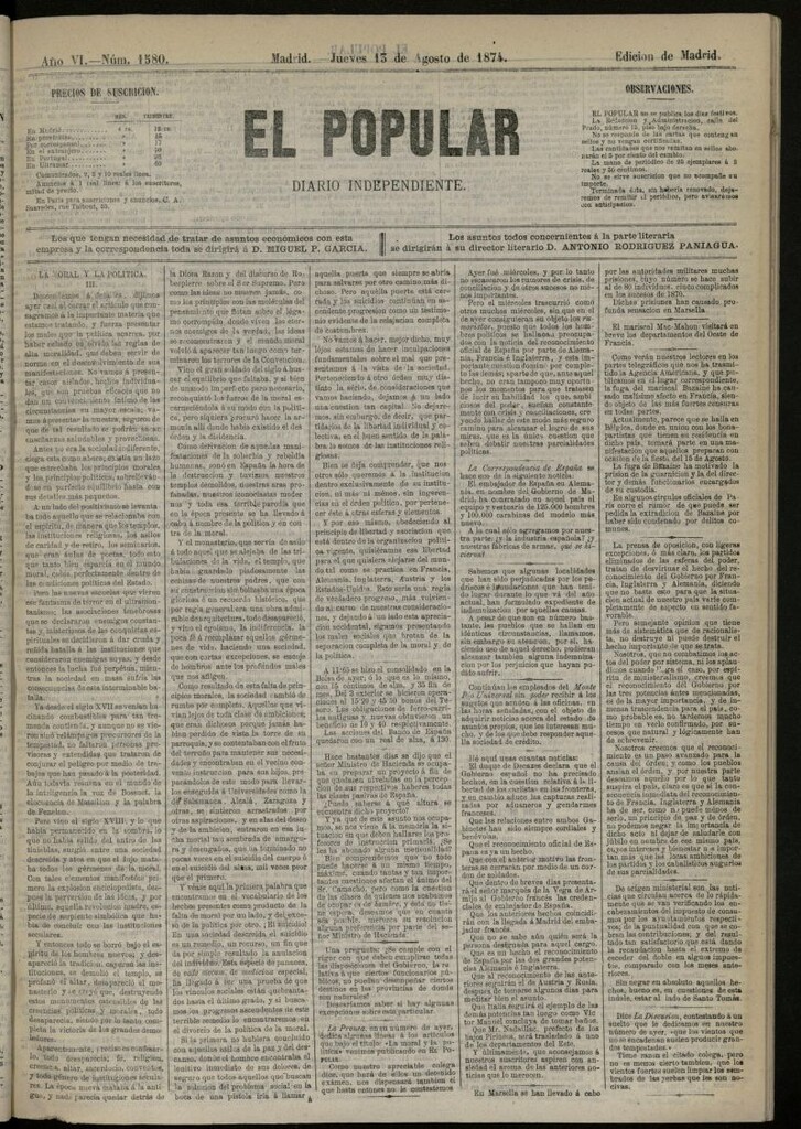 Miniatura de El Popular: diario independiente, político, literario y de noticias de interés general del 13 de agosto de 1874, nº 1580
