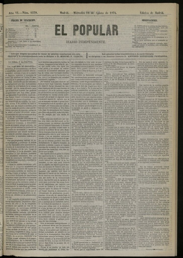 Miniatura de El Popular: diario independiente, político, literario y de noticias de interés general del 12 de agosto de 1874, nº 1579