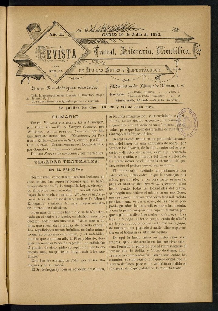 Miniatura de Revista Teatral, Literaria, Científica, de Bellas Artes y Espectáculos. Nº 59