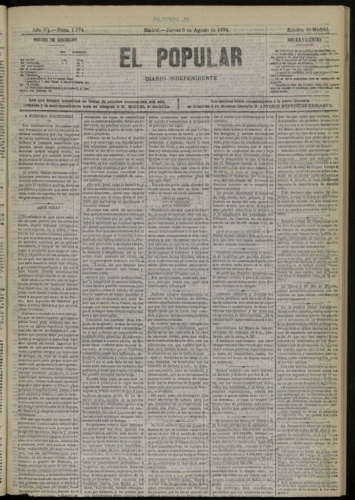 Miniatura de El Popular: diario independiente, político, literario y de noticias de interés general del 6 de agosto de 1874, nº 1574