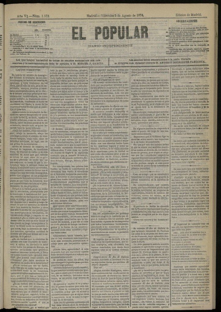 Miniatura de El Popular: diario independiente, político, literario y de noticias de interés general del 5 de agosto de 1874, nº 1573