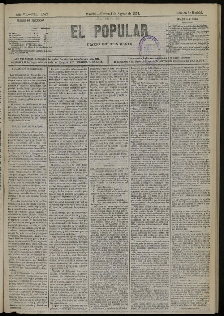 Miniatura de El Popular: diario independiente, político, literario y de noticias de interés general del 4 de agosto de 1874, nº 1572
