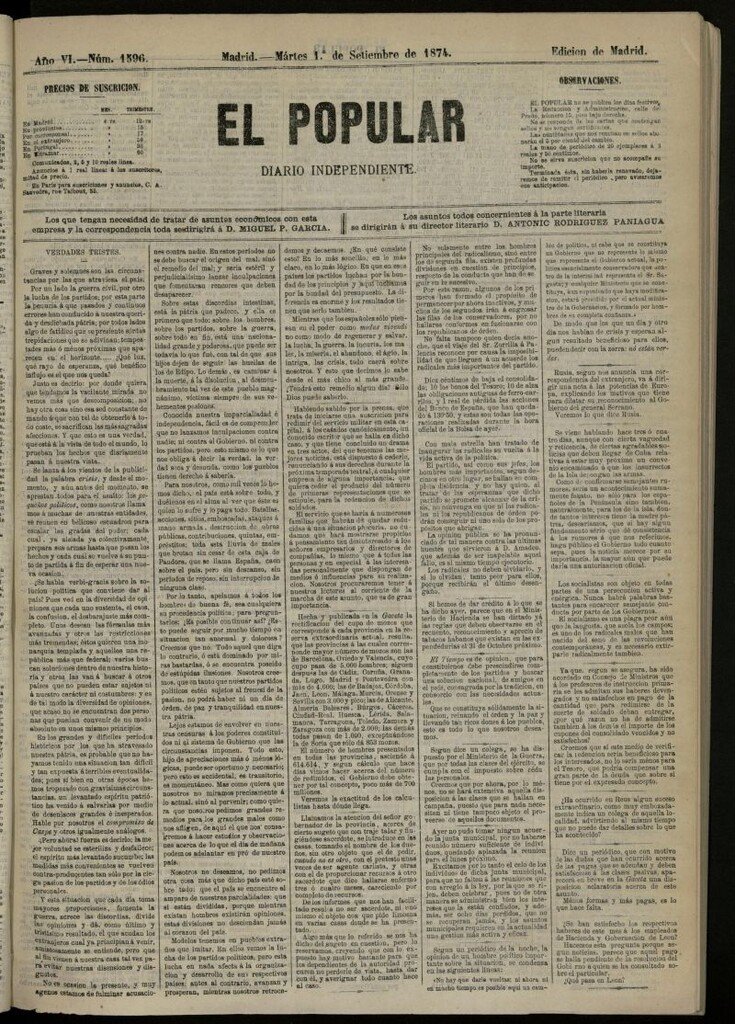 Miniatura de El Popular: diario independiente, político, literario y de noticias de interés general del 1 de septiembre de 1874, nº 1596