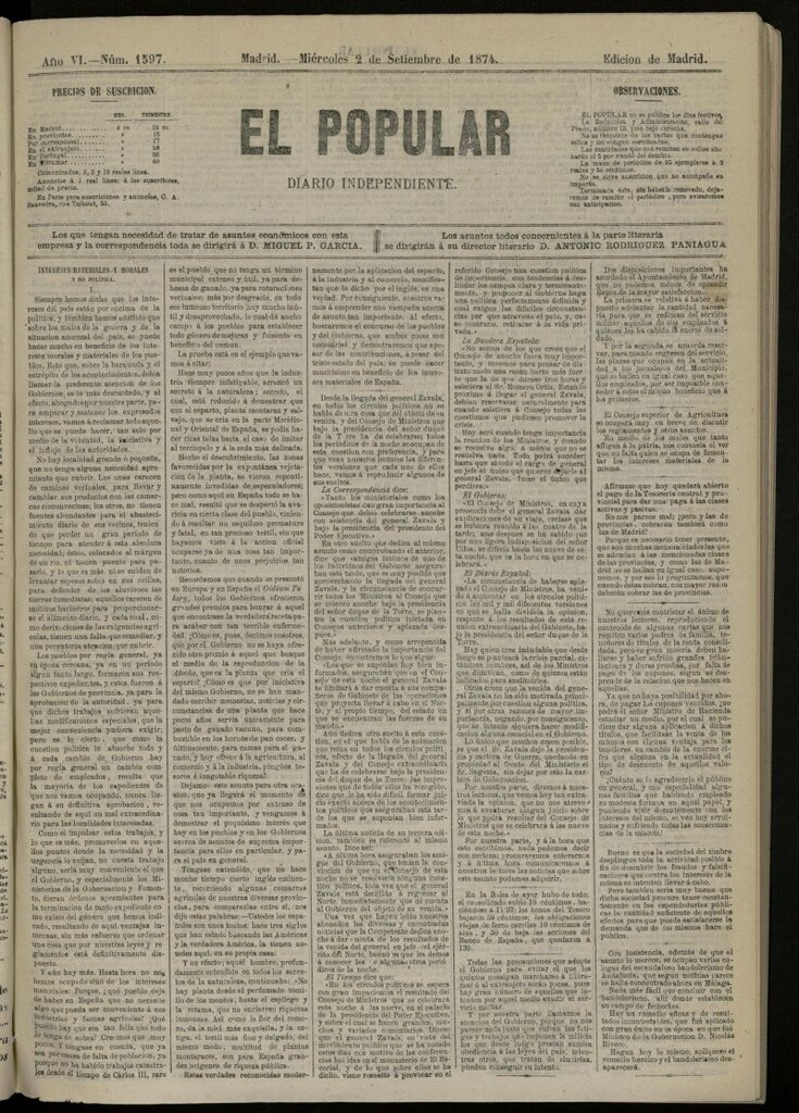 Miniatura de El Popular: diario independiente, político, literario y de noticias de interés general del 2 de septiembre de 1874, nº 1597