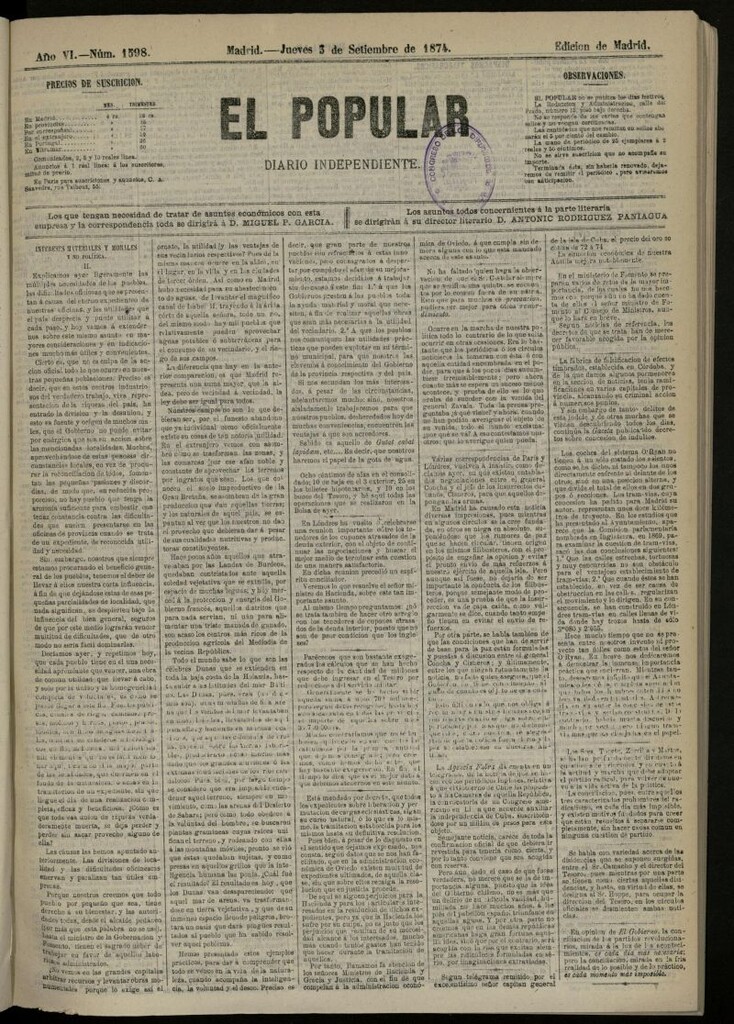 Miniatura de El Popular: diario independiente, político, literario y de noticias de interés general del 3 de septiembre de 1874, nº 1598