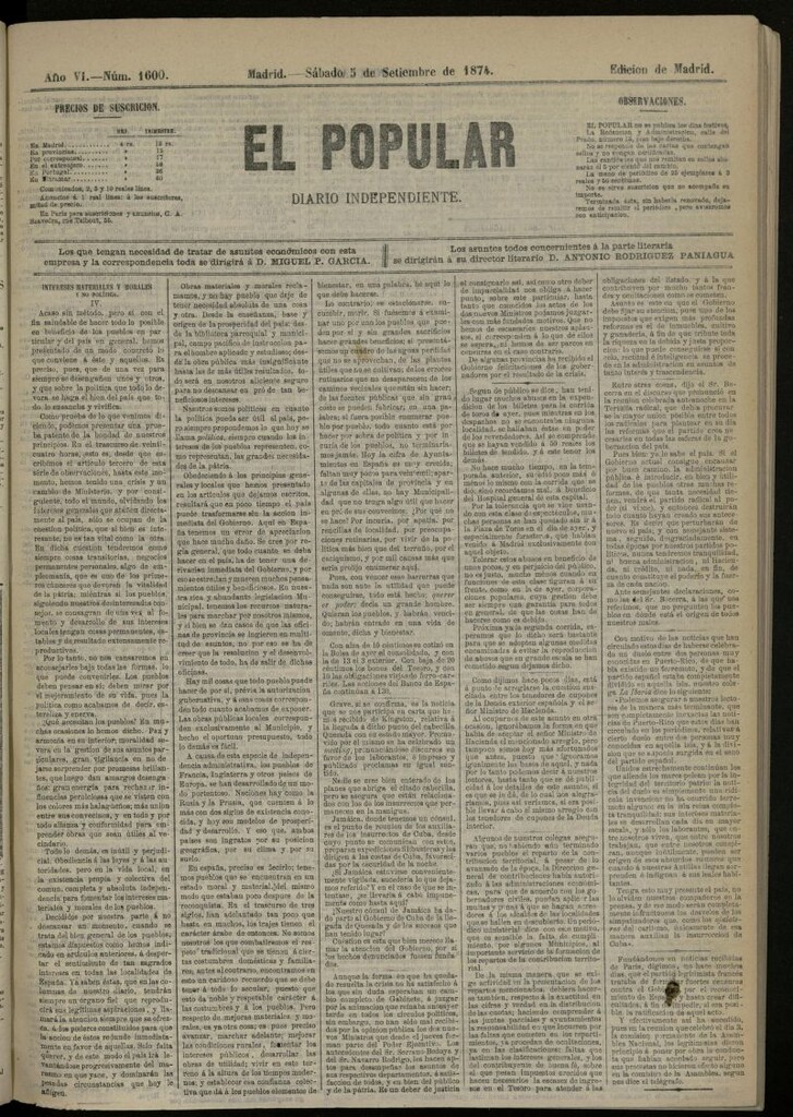 Miniatura de El Popular: diario independiente, político, literario y de noticias de interés general del 5 de septiembre de 1874, nº 1600