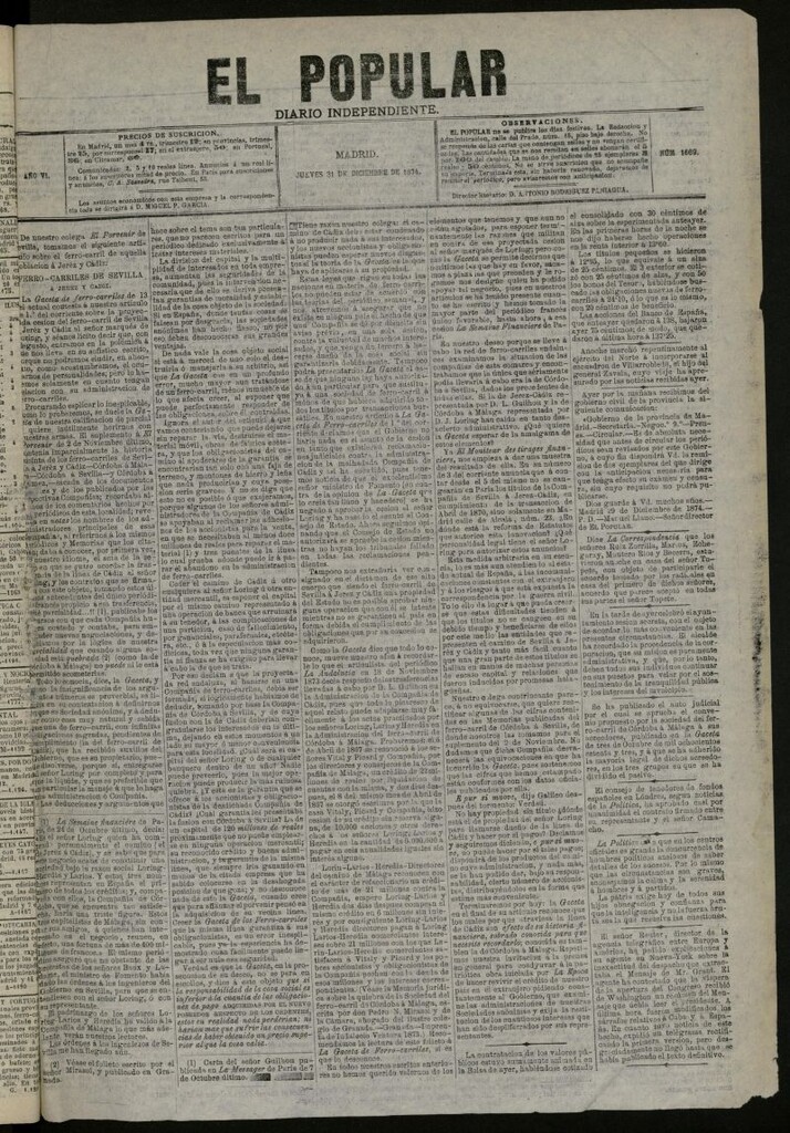 Miniatura de El Popular: diario independiente, político, literario y de noticias de interés general del 31 de diciembre de 1874, nº 1669