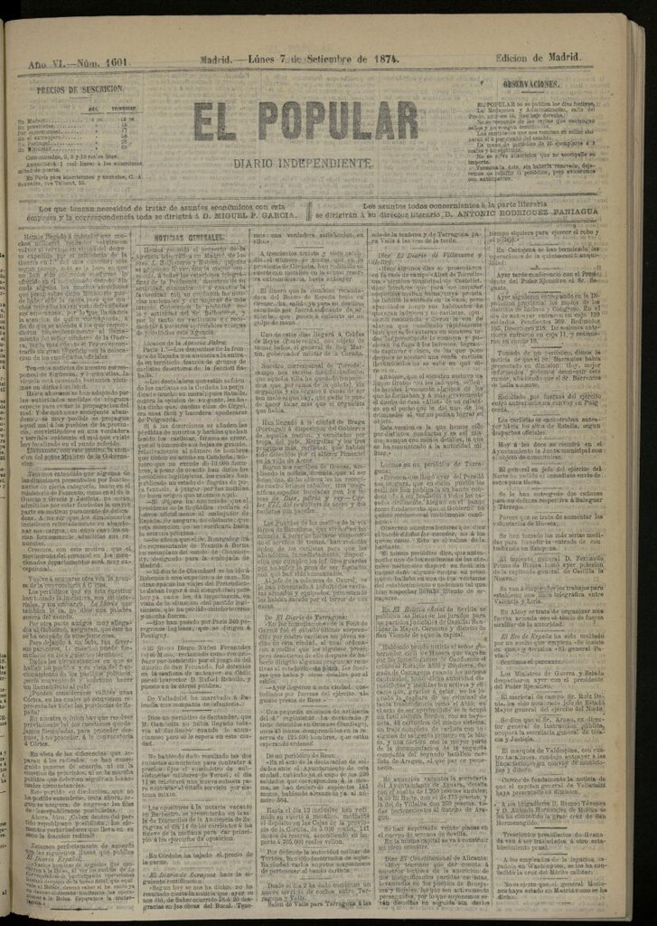 Miniatura de El Popular: diario independiente, político, literario y de noticias de interés general del 7 de septiembre de 1874, nº 1601