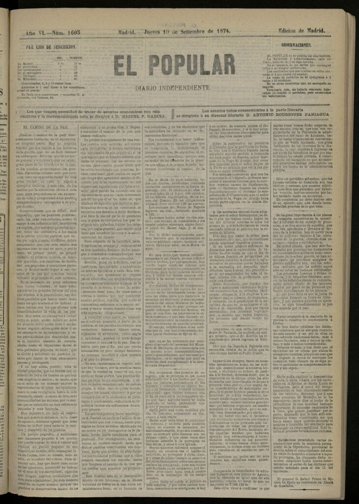 Miniatura de El Popular: diario independiente, político, literario y de noticias de interés general del 10 de septiembre de 1874, nº 1603