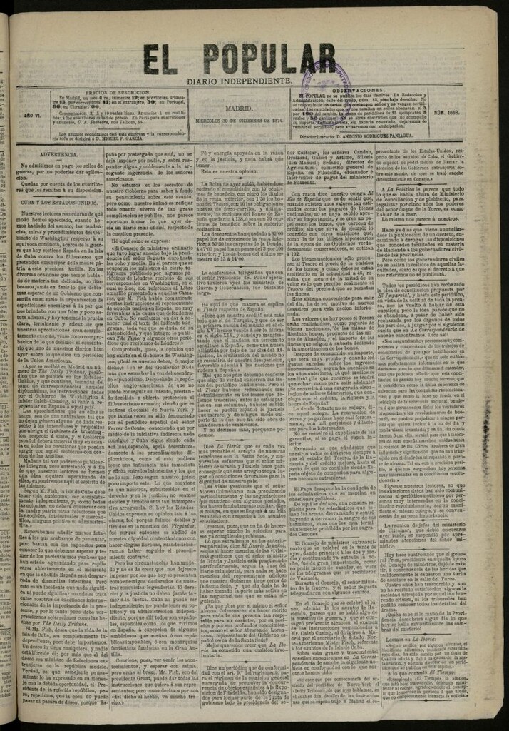 Miniatura de El Popular: diario independiente, político, literario y de noticias de interés general del 30 de diciembre de 1874, nº 1668