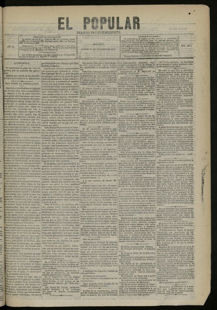 Miniatura de El Popular: diario independiente, político, literario y de noticias de interés general del 29 de diciembre de 1874, nº 1667