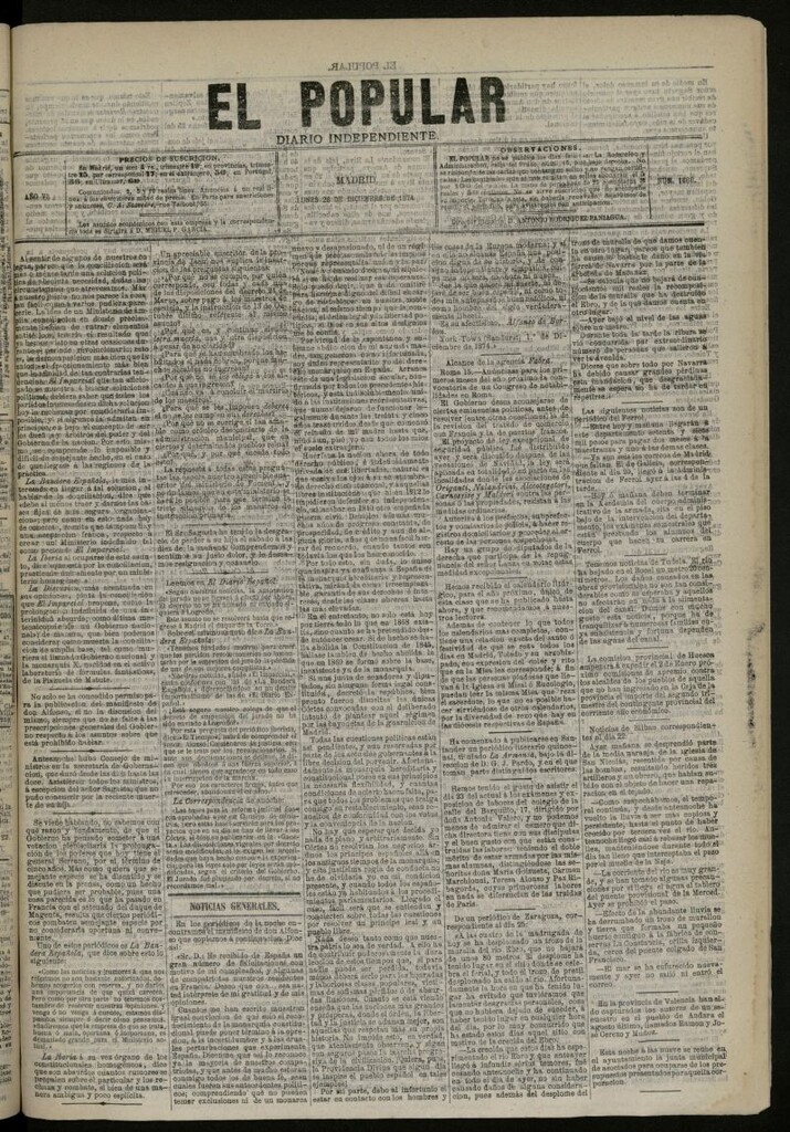 Miniatura de El Popular: diario independiente, político, literario y de noticias de interés general del 28 de diciembre de 1874, nº 1666