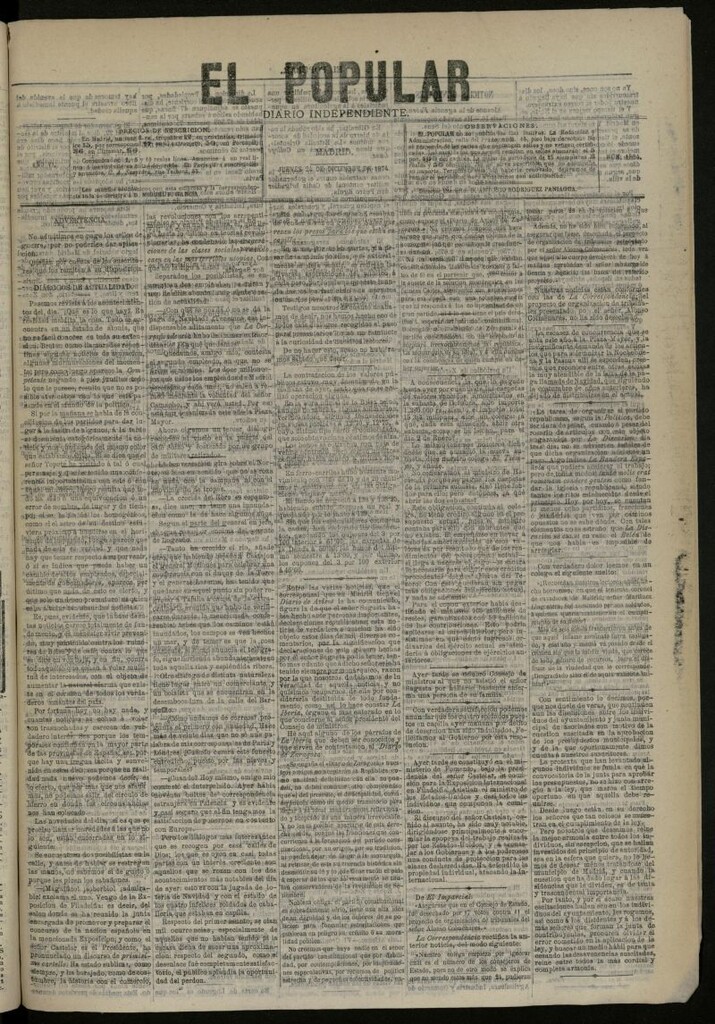 Miniatura de El Popular: diario independiente, político, literario y de noticias de interés general del 24 de diciembre de 1874, nº 1664