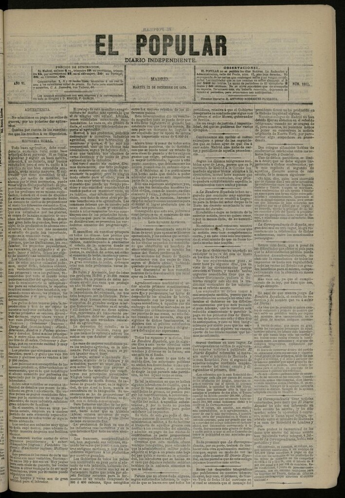 Miniatura de El Popular: diario independiente, político, literario y de noticias de interés general del 22 de diciembre de 1874, nº 1662