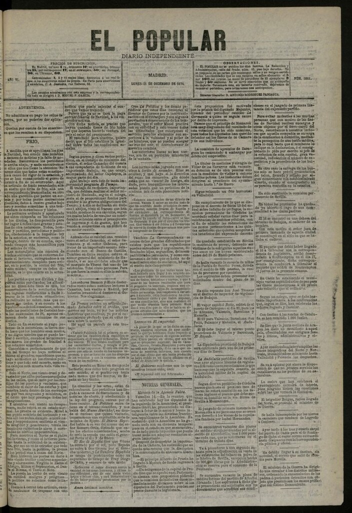 Miniatura de El Popular: diario independiente, político, literario y de noticias de interés general del 21 de diciembre de 1874, nº 1661