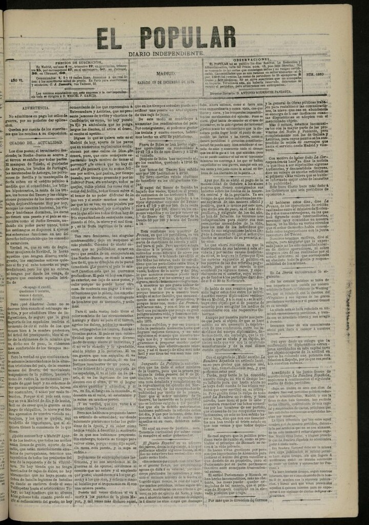Miniatura de El Popular: diario independiente, político, literario y de noticias de interés general del 19 de diciembre de 1874, nº 1660