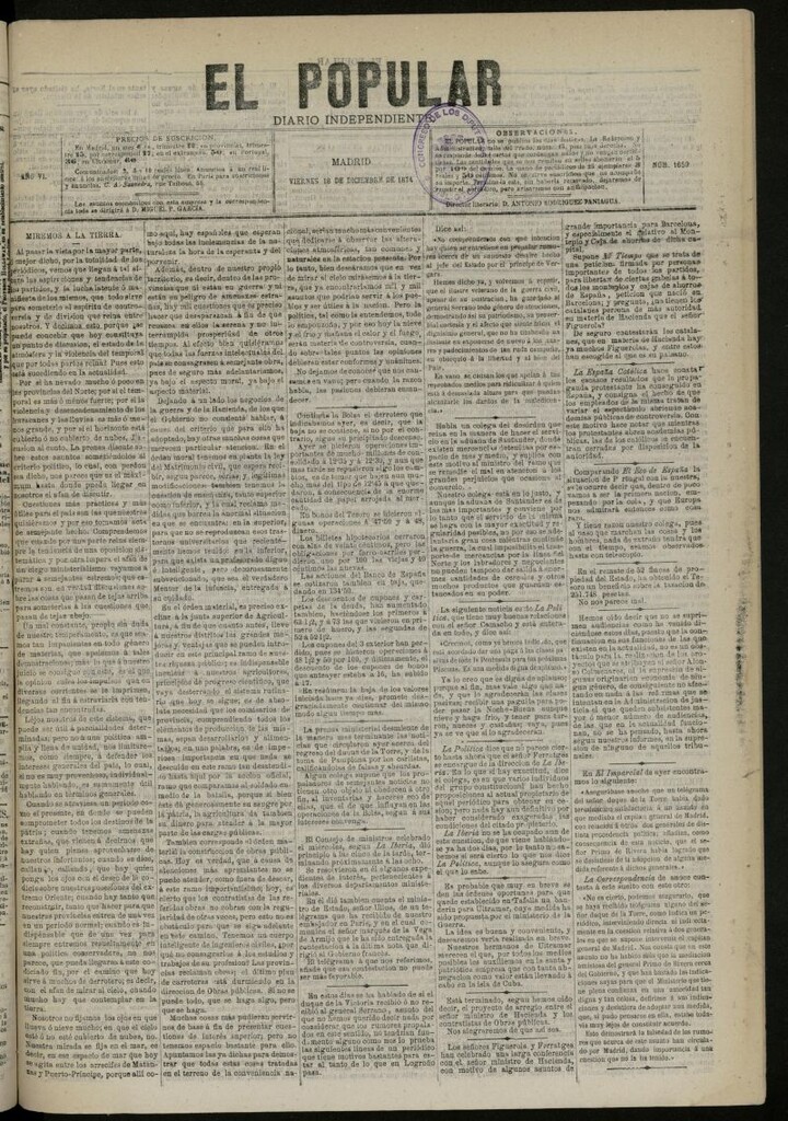 Miniatura de El Popular: diario independiente, político, literario y de noticias de interés general del 18 de diciembre de 1874, nº 1659