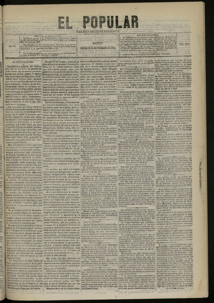 Miniatura de El Popular: diario independiente, político, literario y de noticias de interés general del 16 de diciembre de 1874, nº 1657
