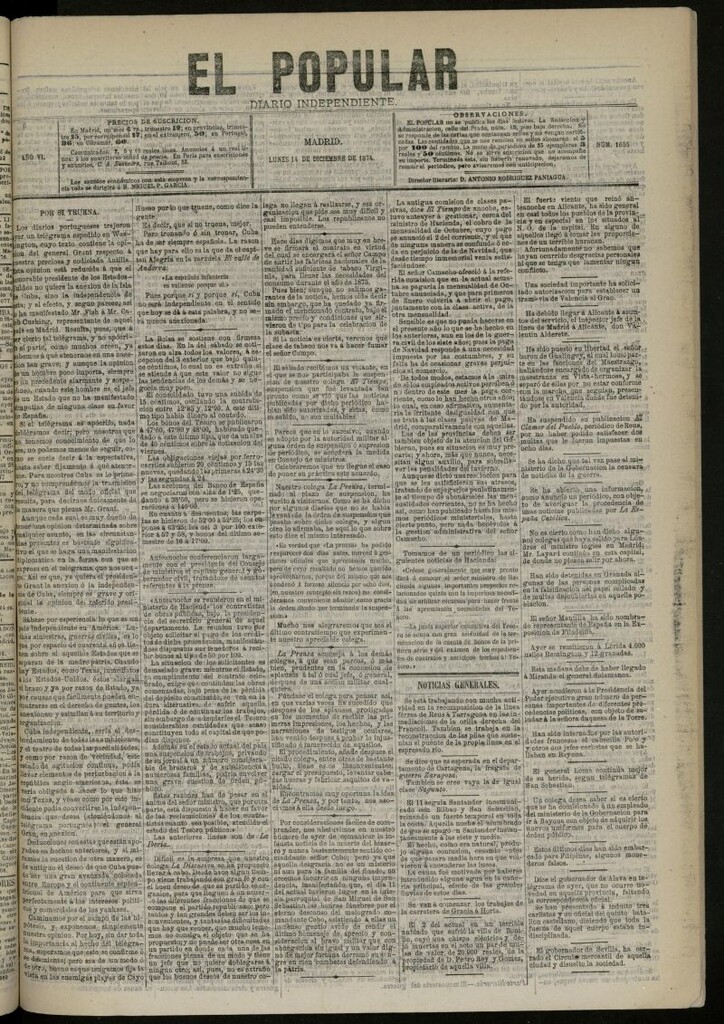 Miniatura de El Popular: diario independiente, político, literario y de noticias de interés general del 14 de diciembre de 1874, nº 1655