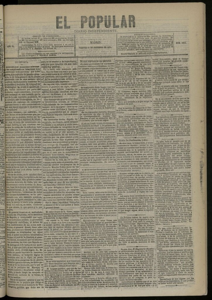 Miniatura de El Popular: diario independiente, político, literario y de noticias de interés general del 11 de diciembre de 1874, nº 1653